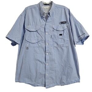 Columbia‎ Fishing Shirt Mens M Blue Gingham Super Bonehead PFG Omni Short Sleeve